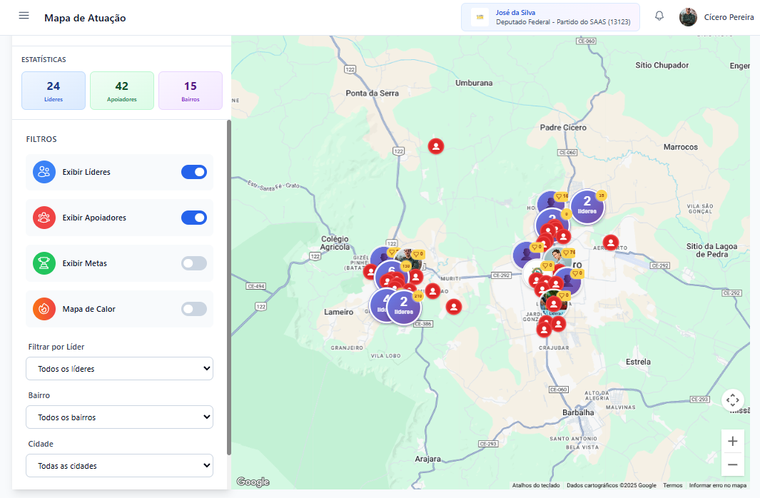 Mapa de votos do LideraAI com a base de apoiadores por bairro